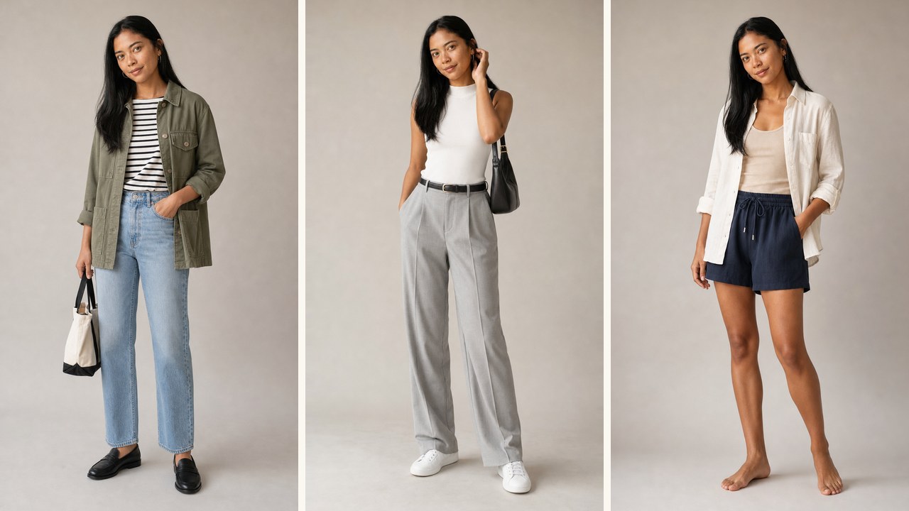 Three outfit looks on Maya